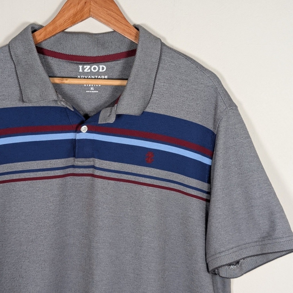 IZOD Advantage Performance Polo Shirt Mens XL Grey Blue Burgundy Stripe Stretch